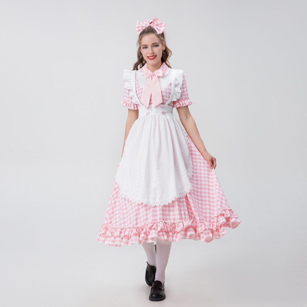 Damen nan Vintage-inspiriertes Karo-Swingkleid mit abnehmbarer Schürze, Rüschenärmeln und Schleifenkragen