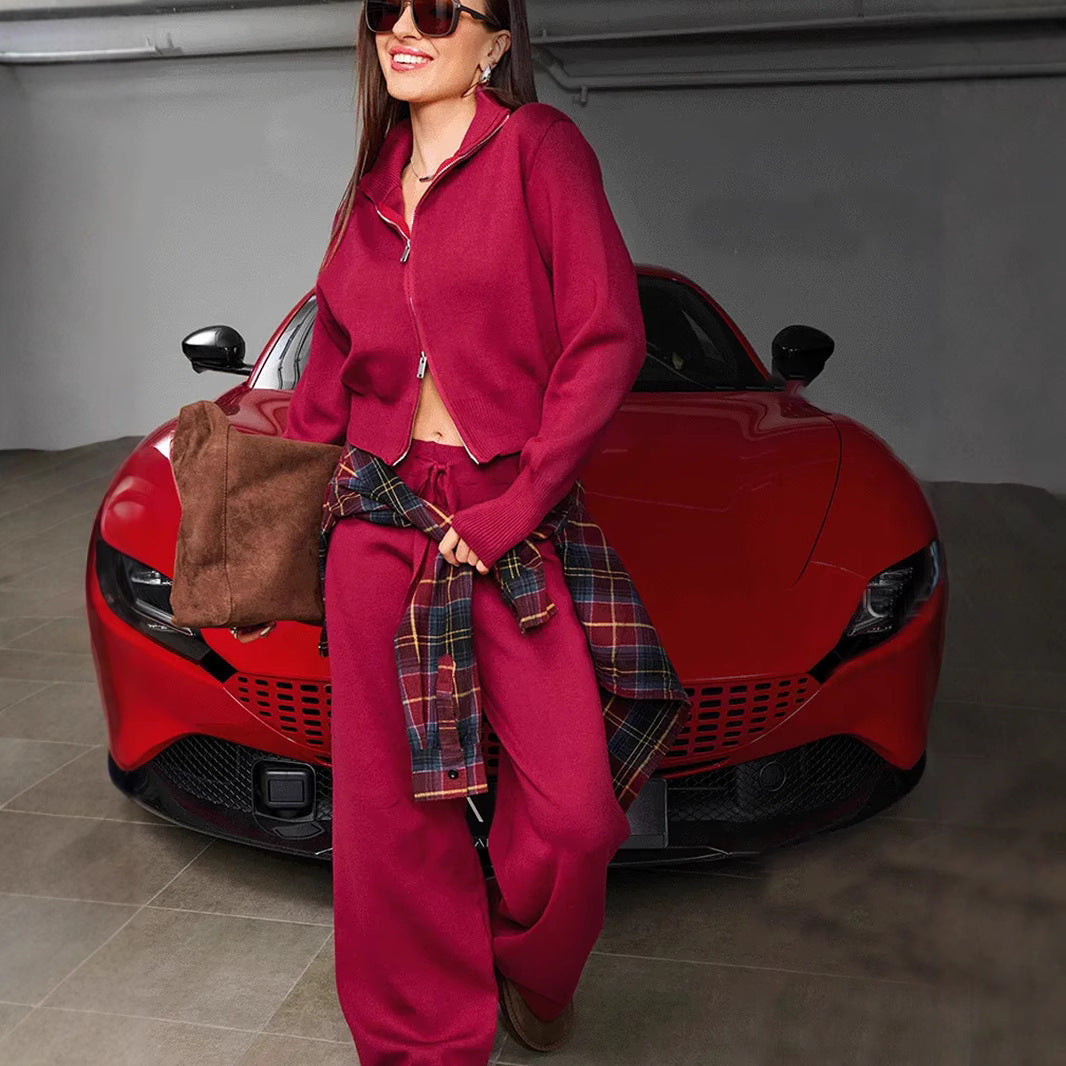 Damen nan gestricktes Loungewear-Zweiteiler mit kurzem Reißverschluss-Cardigan und weitem Highwaist-Hosenbein