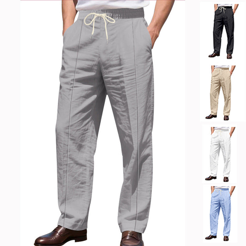Herren nan elegante Leinenhose mit Bügelfalte Tunnelzugbund und weitem Bein