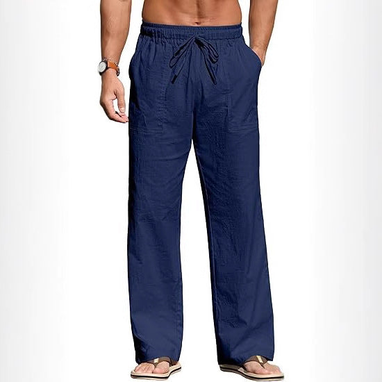 Herren nan leichte Leinenhose mit elastischem Bund, Kordelzug und aufgesetzten Taschen