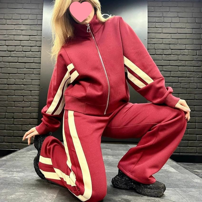 Damen nan athletisches Zweiteiler-Set aus French Terry mit Reißverschluss Cropped Jacke und weitem Highwaist Jogger