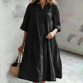 Damen nan locker fallendes A-Linien Kleid mit V-Ausschnitt-Knopfleiste, 3/4-Ärmeln und aufgesetzten Eingrifftaschen