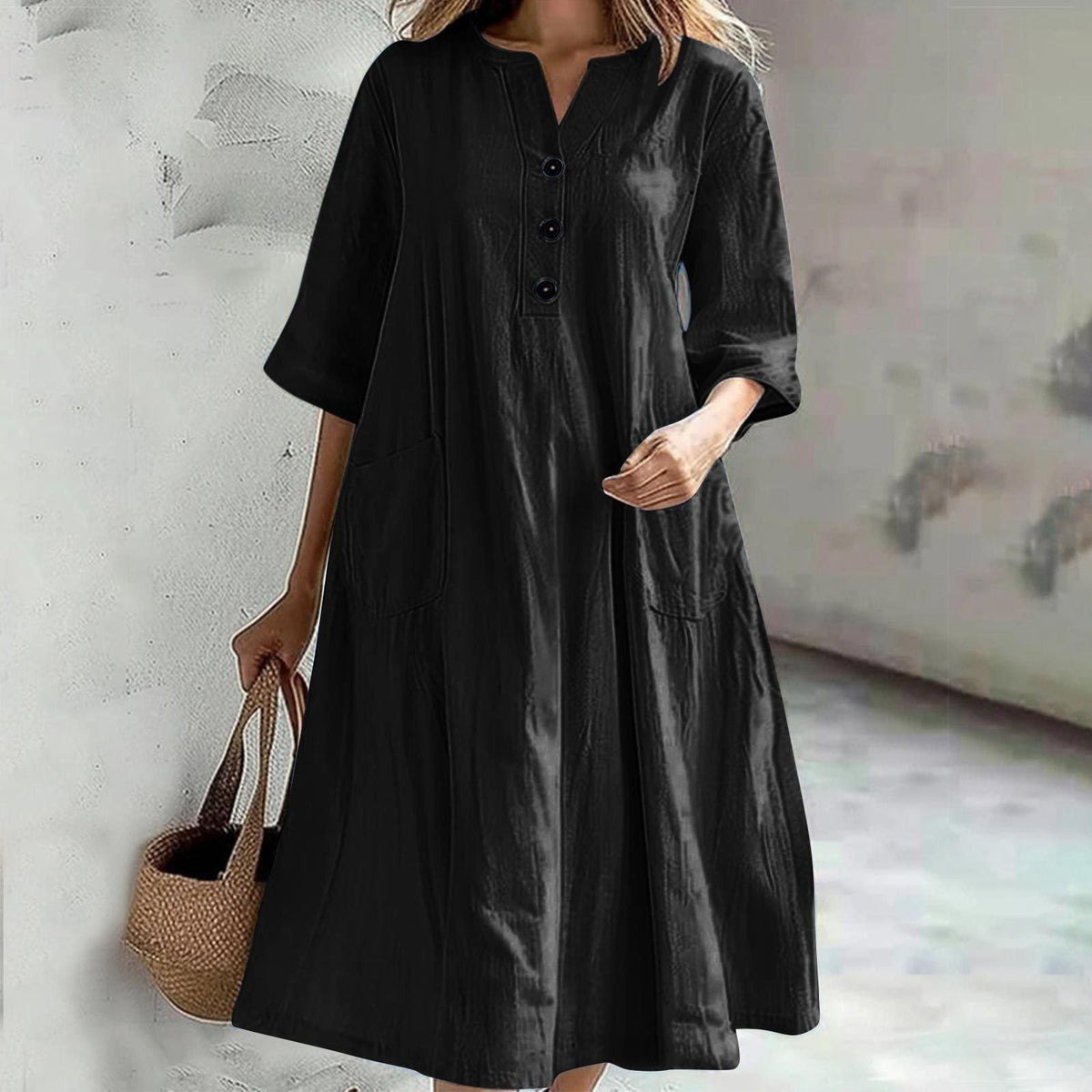 Damen nan locker fallendes A-Linien Kleid mit V-Ausschnitt-Knopfleiste, 3/4-Ärmeln und aufgesetzten Eingrifftaschen