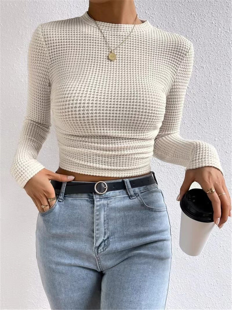 Damen nan tailliertes kurzgeschnittenes Waffelstrickshirt mit Rundhalsausschnitt und figurbetonter Passform