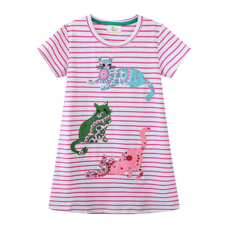 Mädchen gestreiftes Kurzarmkleid mit bunten Katzenmotiven