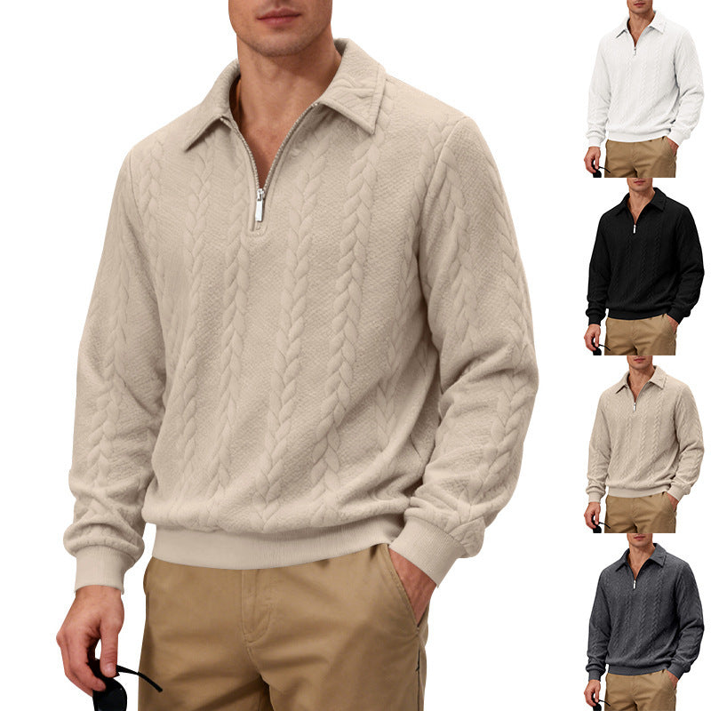 Herren nan strukturierter Strickpullover mit halbem Reißverschluss, Polokragen und Zopfmuster