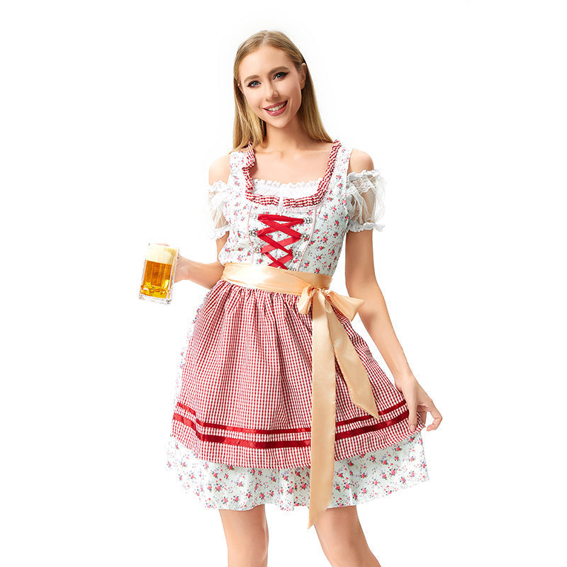 Damen nan traditionelles Oktoberfest Dirndl mit geschnürter Miederpartie, Rüschen und Satin-Schürze