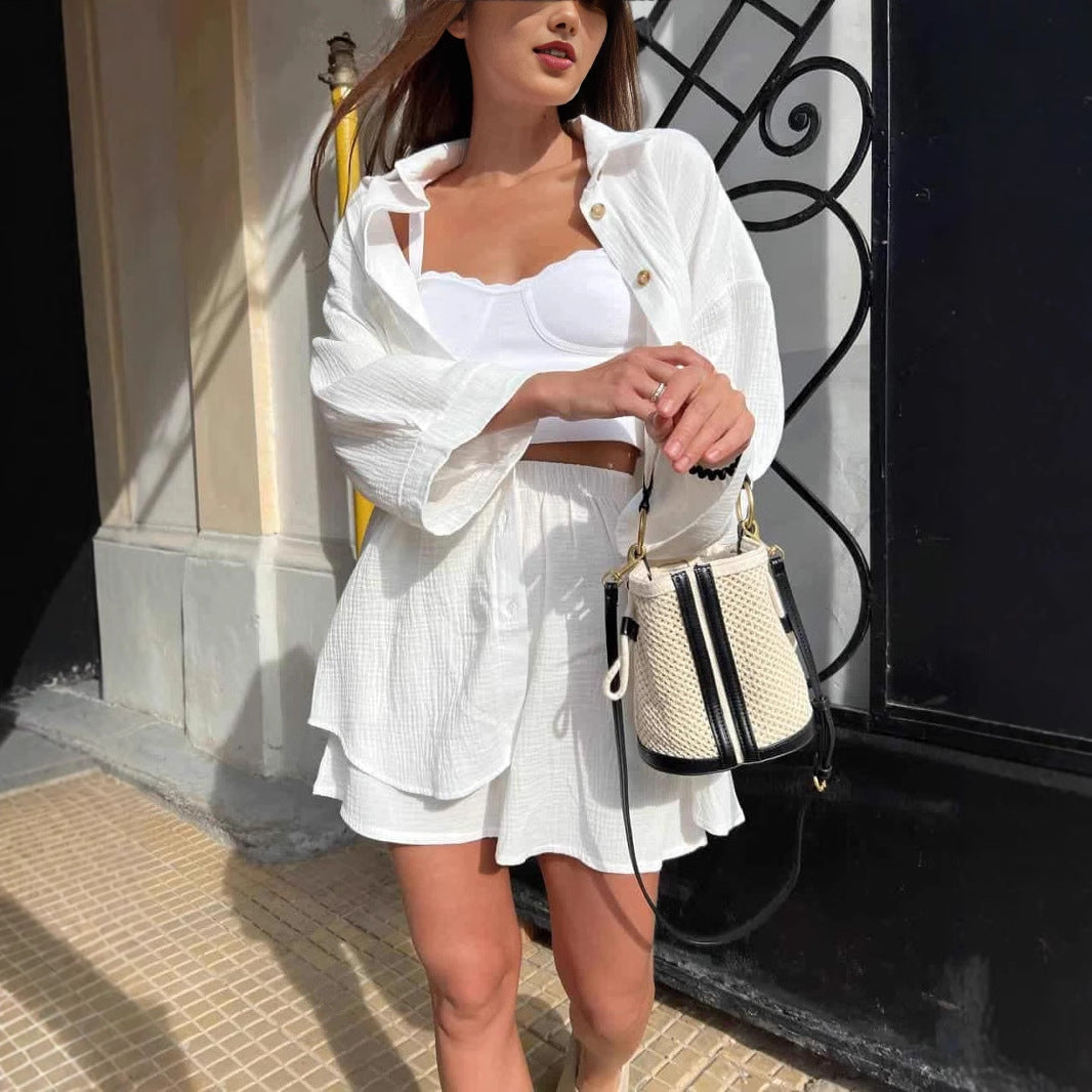 Damen nan lässiges Musselin-Zweiteiler Set mit Oversize-Hemd und elastischer Highwaist-Shorts
