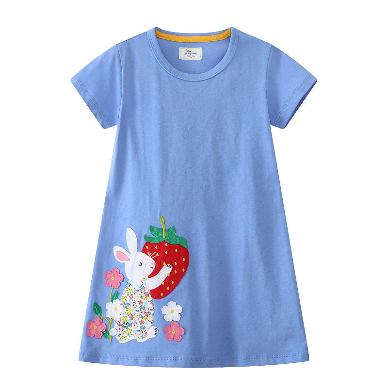 Mädchen Freizeitkleid mit niedlichem Hasen- und Erdbeer-Motiv