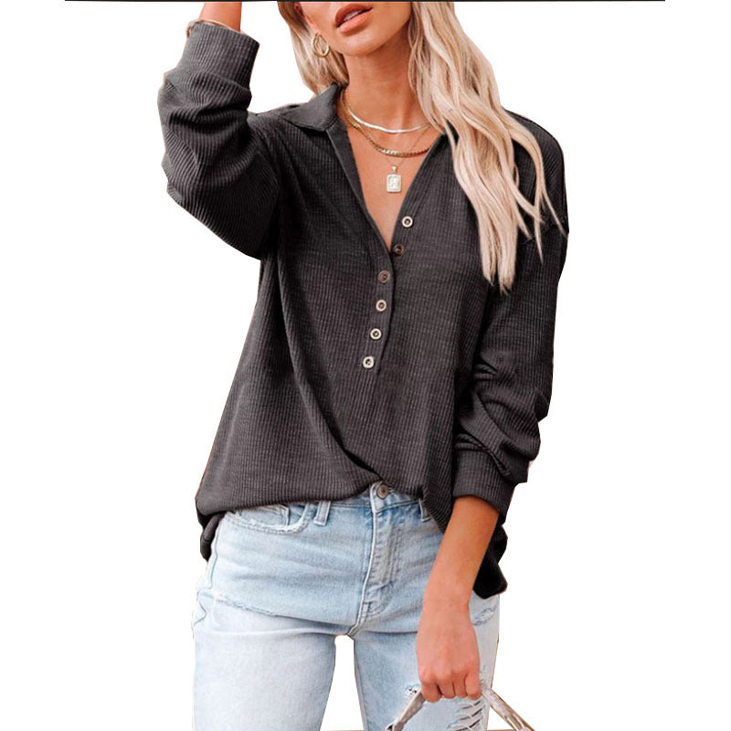 Damen nan lässiges Waffel-Polohemd mit Henley-Knopfleiste und überschnittener Schulter