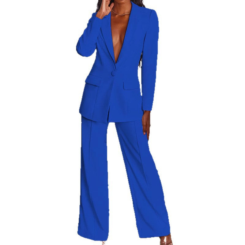 Damen nan taillierter Ein-Knopf-Blazer mit Pattentaschen und weiter Palazzo-Hose Hosenanzug