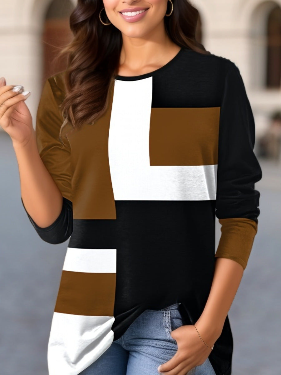 Damen nan geometrisches Colorblock Longsleeve-Tunika-Oberteil mit Rundhalsausschnitt und asymmetrischem Saum