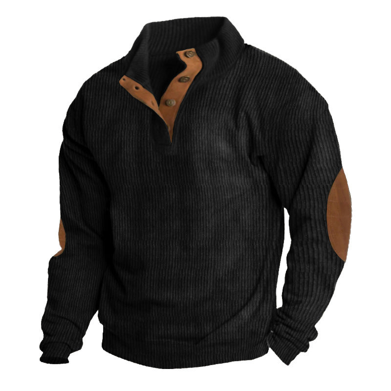 Herren nan rustikaler gerippter Pullover mit Henley-Kragen und lederartigen Ellbogenbesätzen