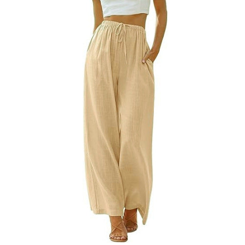 Damen nan weite Leinenhose mit elastischem Bund Kordel und Seitentaschen