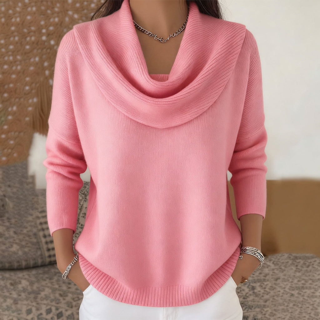 Damen nan fein gestrickter Pullover mit Wasserfallkragen und geripptem Saum