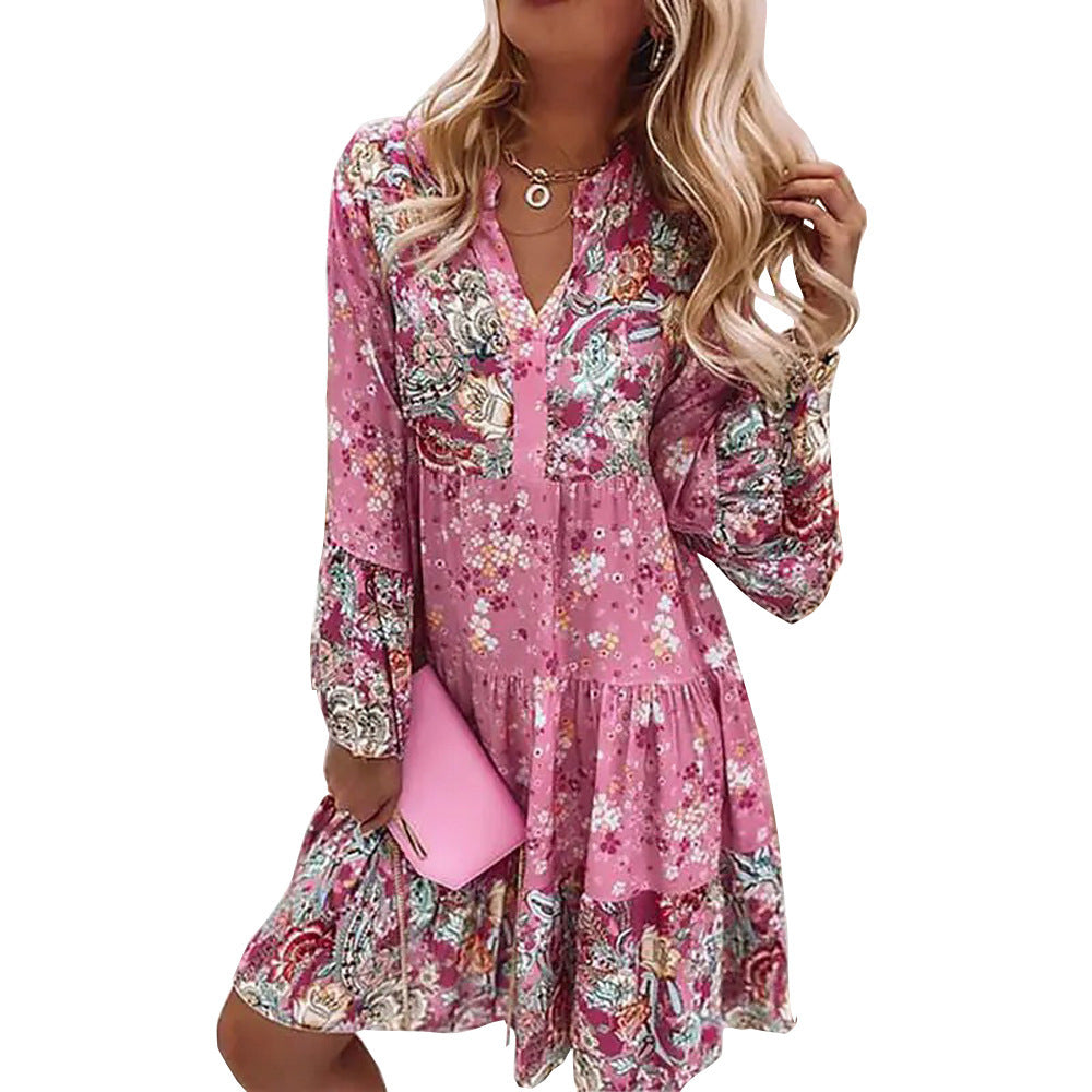Damen nan leichtes Stufen-Babydollkleid mit V-Ausschnitt und Ballonärmeln