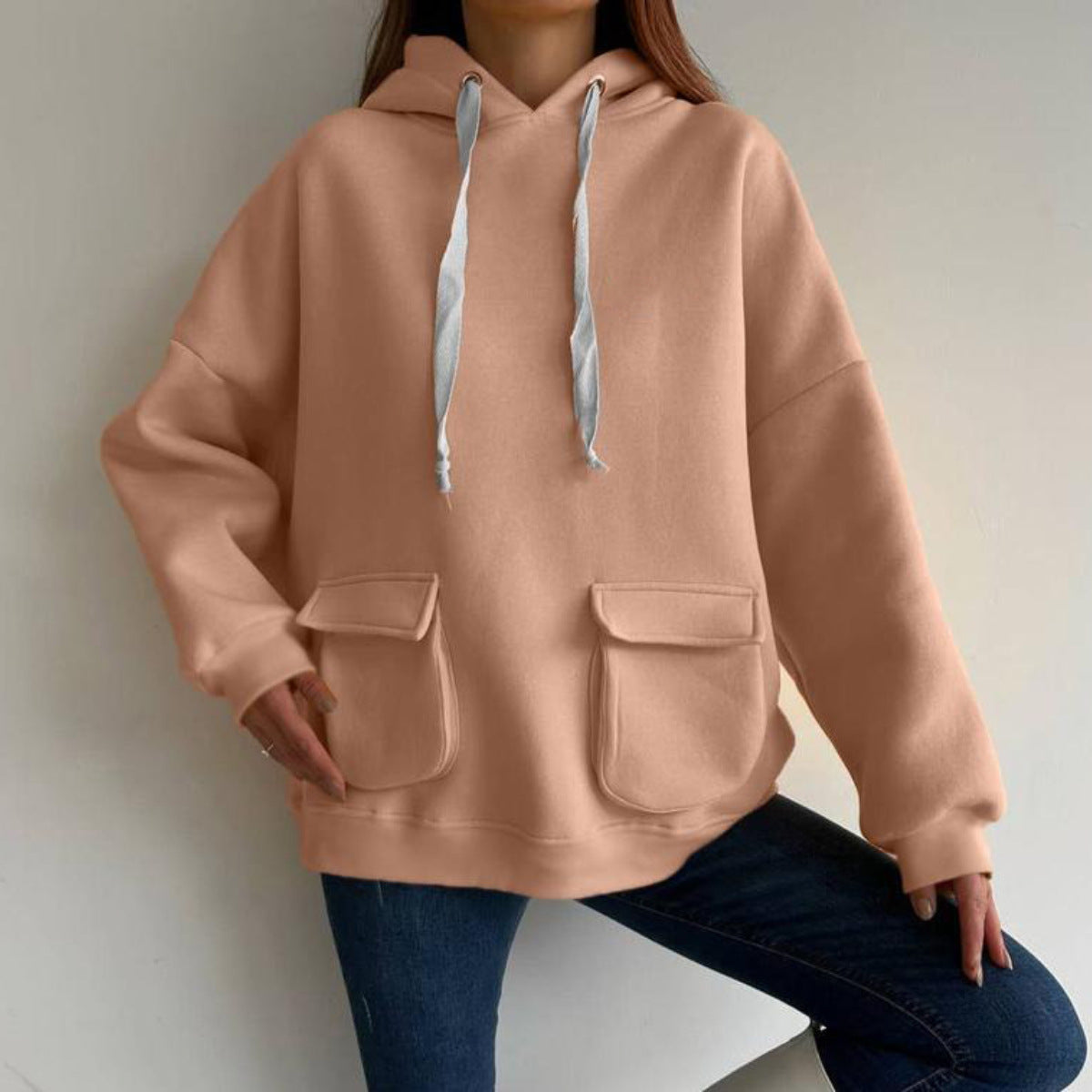 Damen nan Oversize-Kapuzenpullover mit aufgesetzten Klappentaschen und extra-langen Kordeln