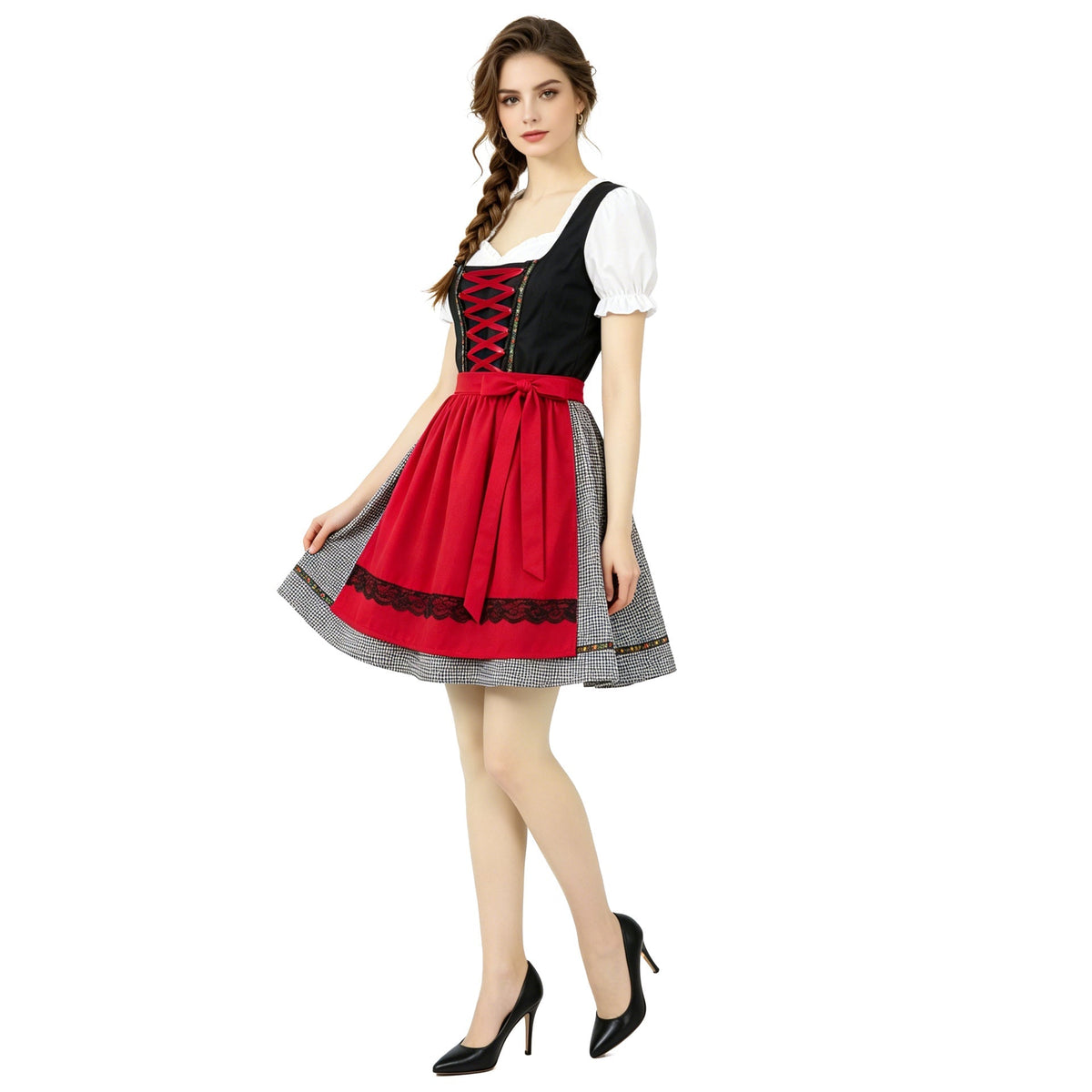 Damen nan kurzes traditionelles Dirndlkleid mit geschnürtem Mieder, Puffärmel-Bluse und aufgesetzter Schürze