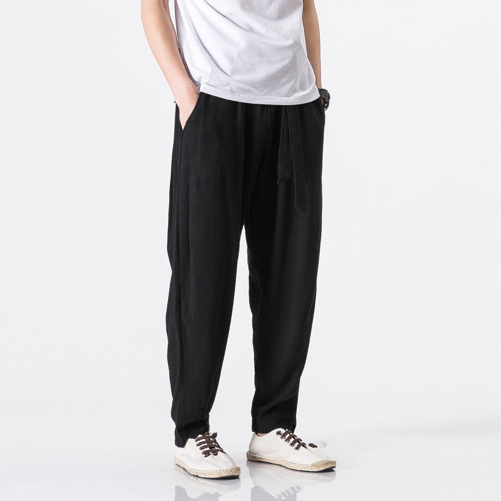 Herren nan entspannte Leinen-Baumwoll Harem-Joggerhose mit verdecktem Tunnelzug und tapered Bein