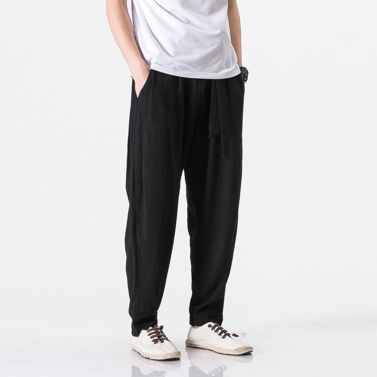 Herren nan entspannte Leinen-Baumwoll Harem-Joggerhose mit verdecktem Tunnelzug und tapered Bein