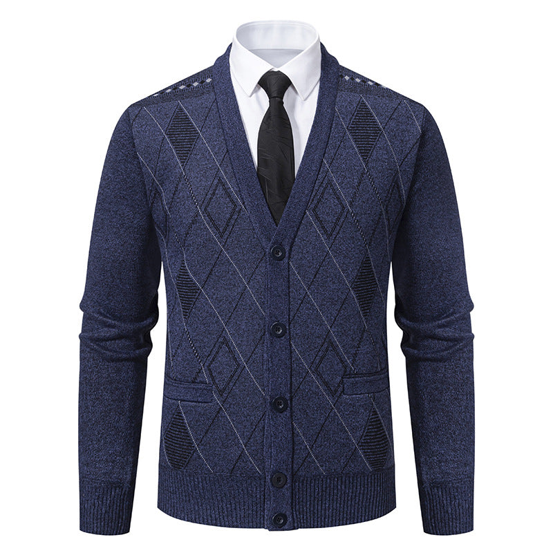 Herren nan feiner Rauten-Strickcardigan mit V-Ausschnitt, Knopfleiste und Eingriffstaschen