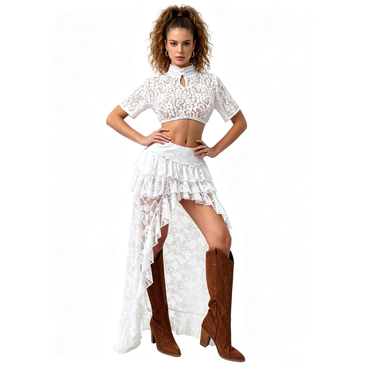 Damen nan Spitzen-Cropped-Bluse mit Stehkragen und keyhole-Detail