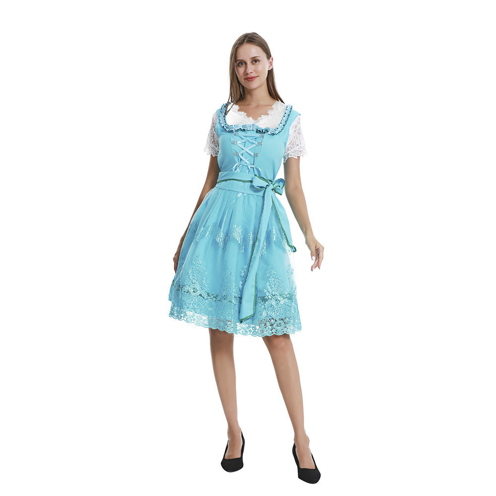 Damen nan romantisches Alpenkleid mit geschnürtem Mieder, Spitzeneinsatz und Taillenschärpe