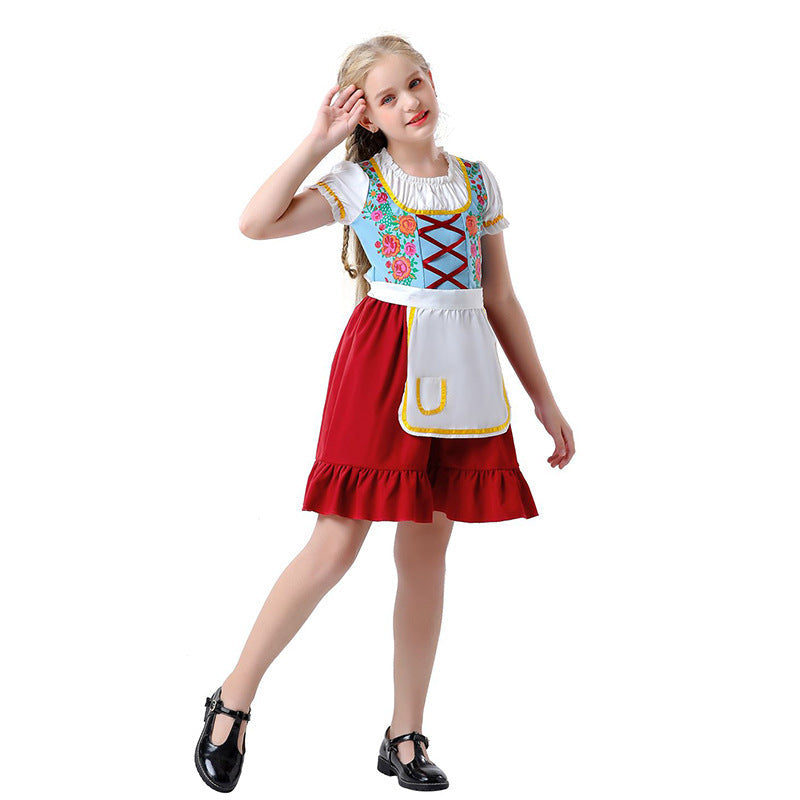 Damen nan nostalgisches Trachten-Kostümkleid mit geschnürtem Mieder, Rüschenkragen und abnehmbarer Schürze