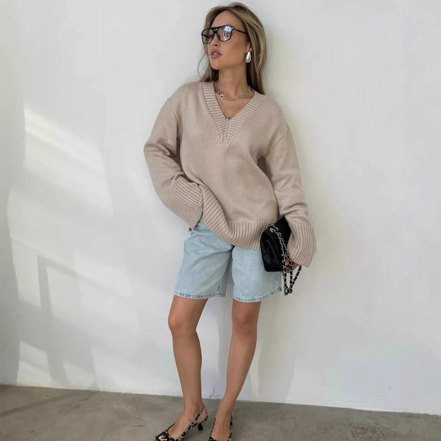 Damen nan oversized Feinstrickpullover mit tiefem V-Ausschnitt, gerippten Bündchen und lockerer Silhouette