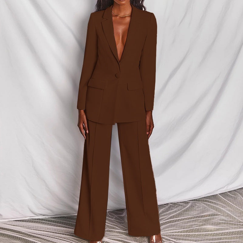 Damen nan taillierter Ein-Knopf-Blazer mit Pattentaschen und weiter Palazzo-Hose Hosenanzug