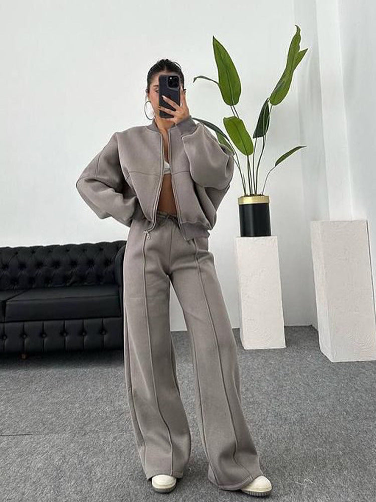 Damen nan Oversize Reißverschlussjacke mit weiter High-Waist Loungehose Set