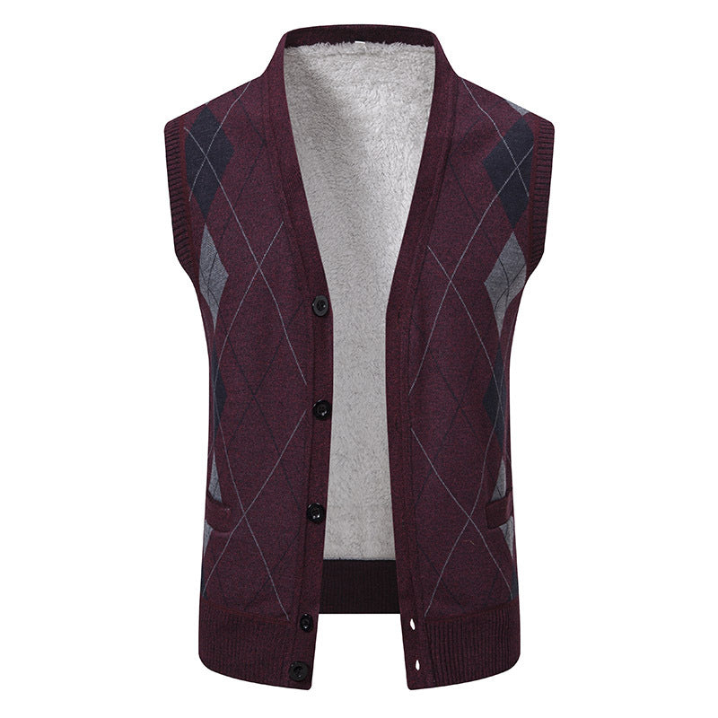 Herren nan ärmellose Strickweste mit Argyle-Muster, Teddyfutter und durchgehender Knopfleiste