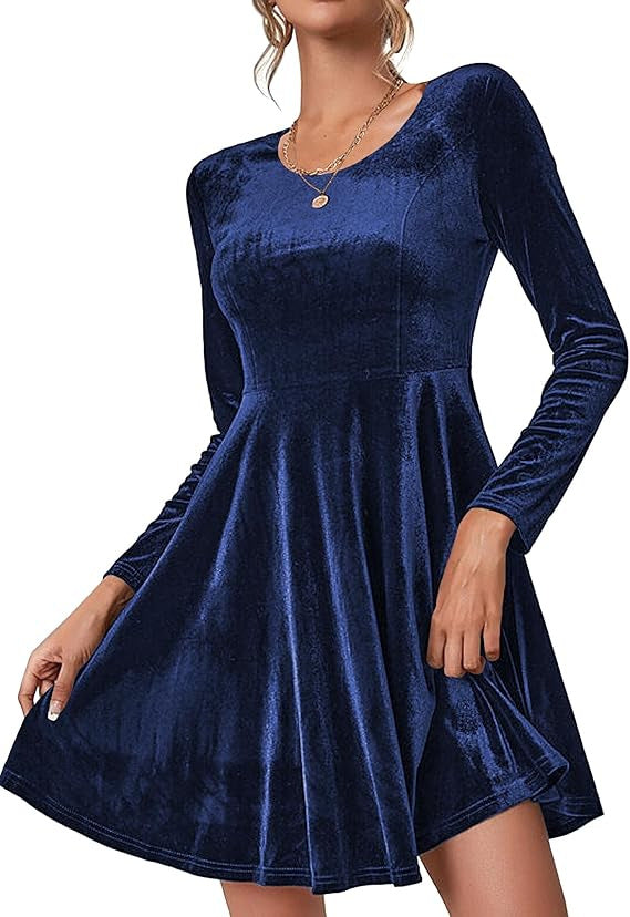 Damen A-Linien Kleid aus samtiger Qualität mit langen Ärmeln und Rundhalsausschnitt Selmira