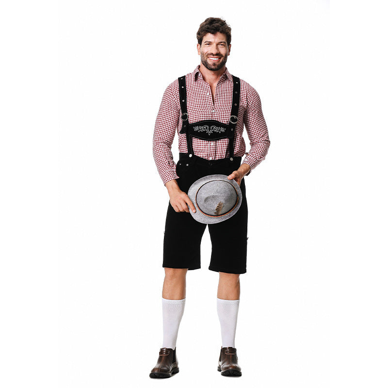 Herren nan authentische Trachten-Kniundhose aus wildlederähnlichem Material mit verstellbaren Trägern und besticktem Brustlatz
