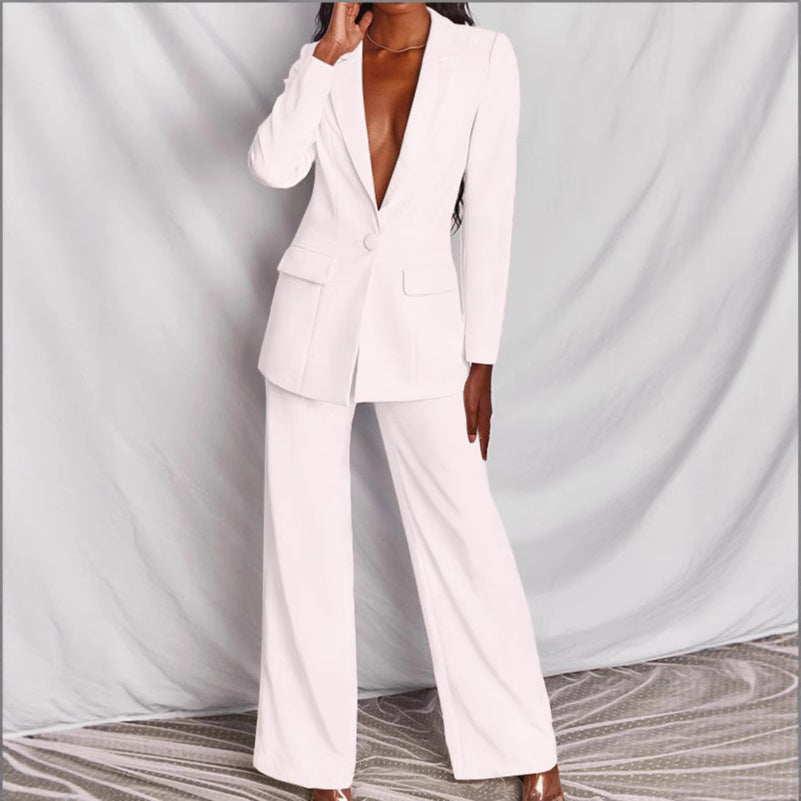 Damen nan taillierter Ein-Knopf-Blazer mit Pattentaschen und weiter Palazzo-Hose Hosenanzug