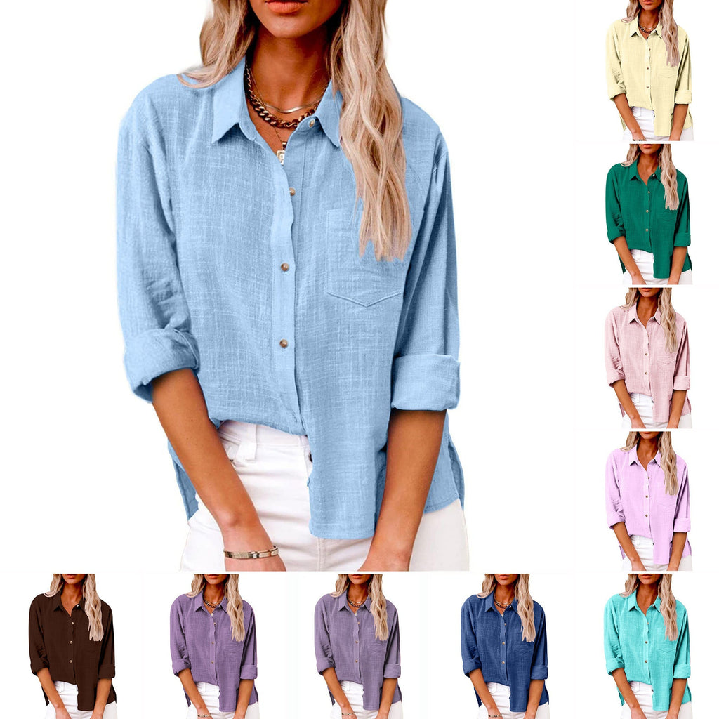 Damen nan oversized Leinen-Baumwollmix Hemdbluse mit Brusttasche und krempelbaren Ärmeln
