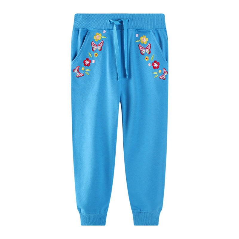 Mädchen Jogginghose mit bunten Blumen- und Schmetterlingsstickereien