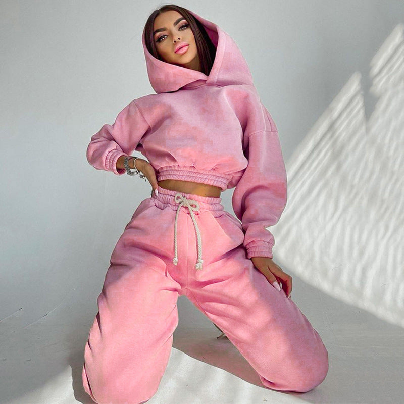 Damen nan Cropped-Hoodie-Loungewear-Set mit elastischem Rippbund, hoher Taillen-Jogginghose und dekorativem Kordelzug