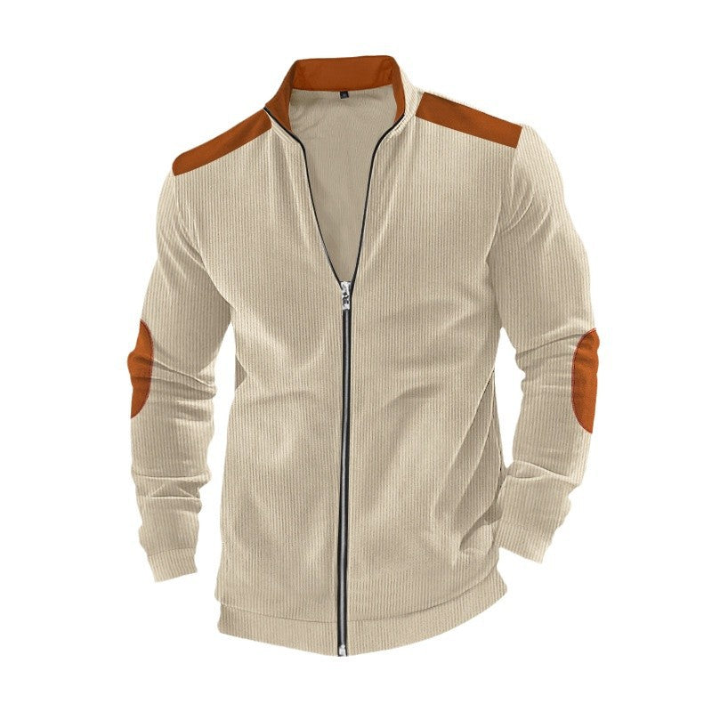 Herren nan Stehkragen-Sweatjacke mit feiner Rippstruktur, Ellbogen-Patches und kontrastierenden Schulterdetails