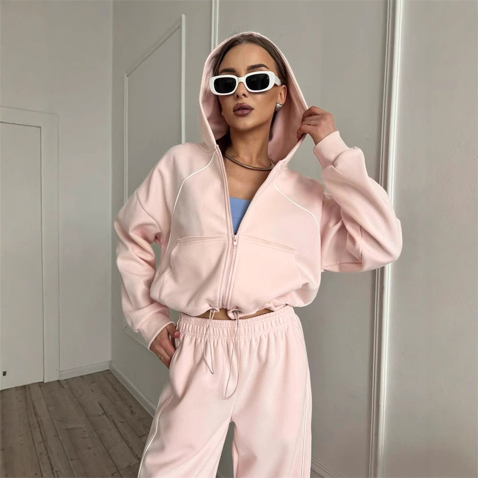 Damen nan Kapuzenjacke und weite Jogginghose Set mit kontrastnähten