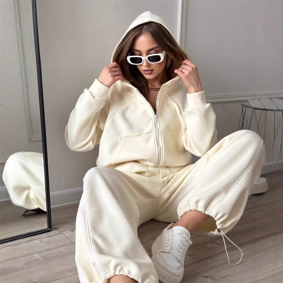 Damen nan Kapuzenjacke und weite Jogginghose Set mit kontrastnähten