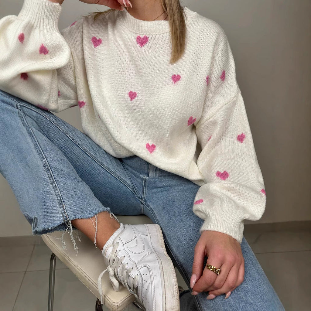 Damen nan oversized Strickpullover mit Herzintarsien und Ballonärmeln