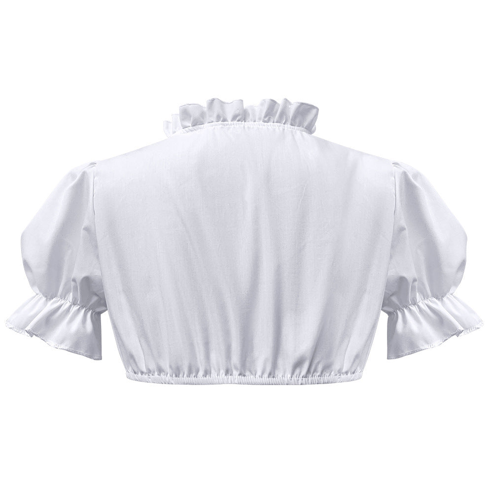 Damen nan traditionelle Dirndlbluse kurz mit Puffärmeln Herzausschnitt und Rüschendetail