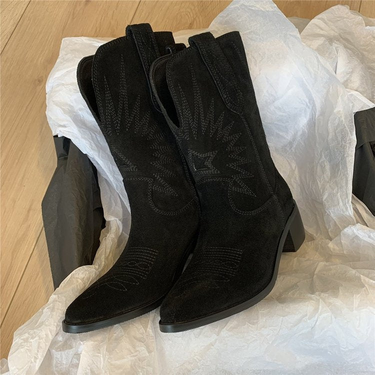 Damen nan Wildleder Westernstiefel mit spitzer Kappe und mittelhohem Blockabsatz