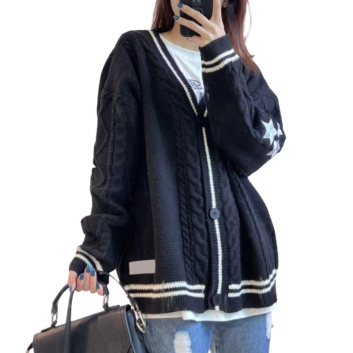 Damen nan oversized Zopfstrick Cardigan mit V-Ausschnitt und kontrastierenden Strickkanten