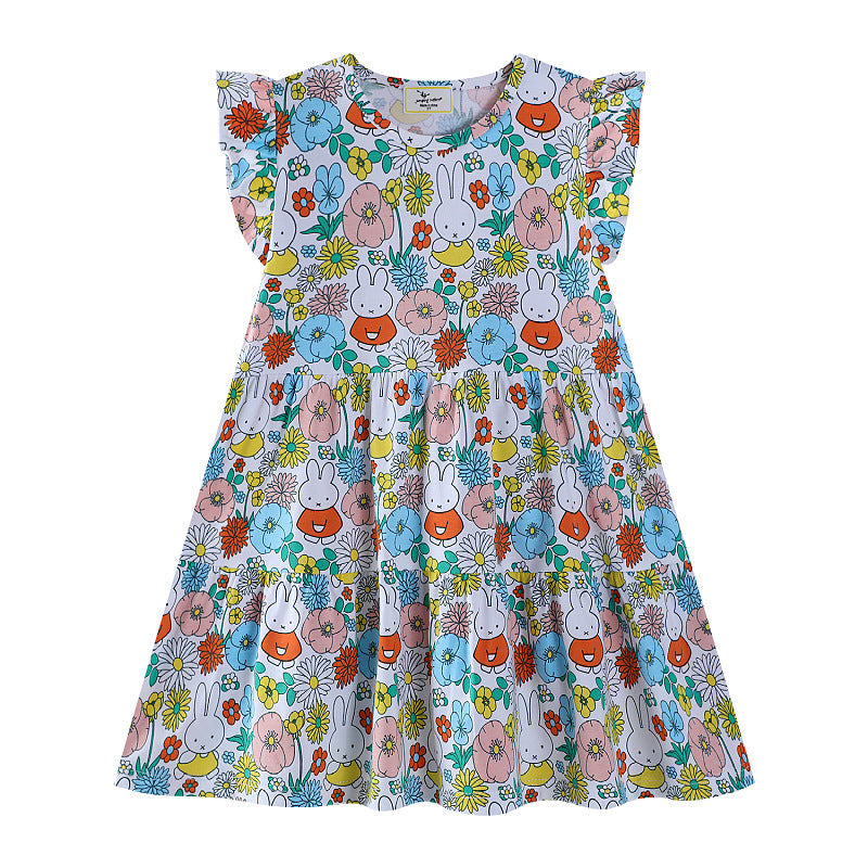 Mädchen Sommerkleid mit buntem Blumen- und Tierdesign