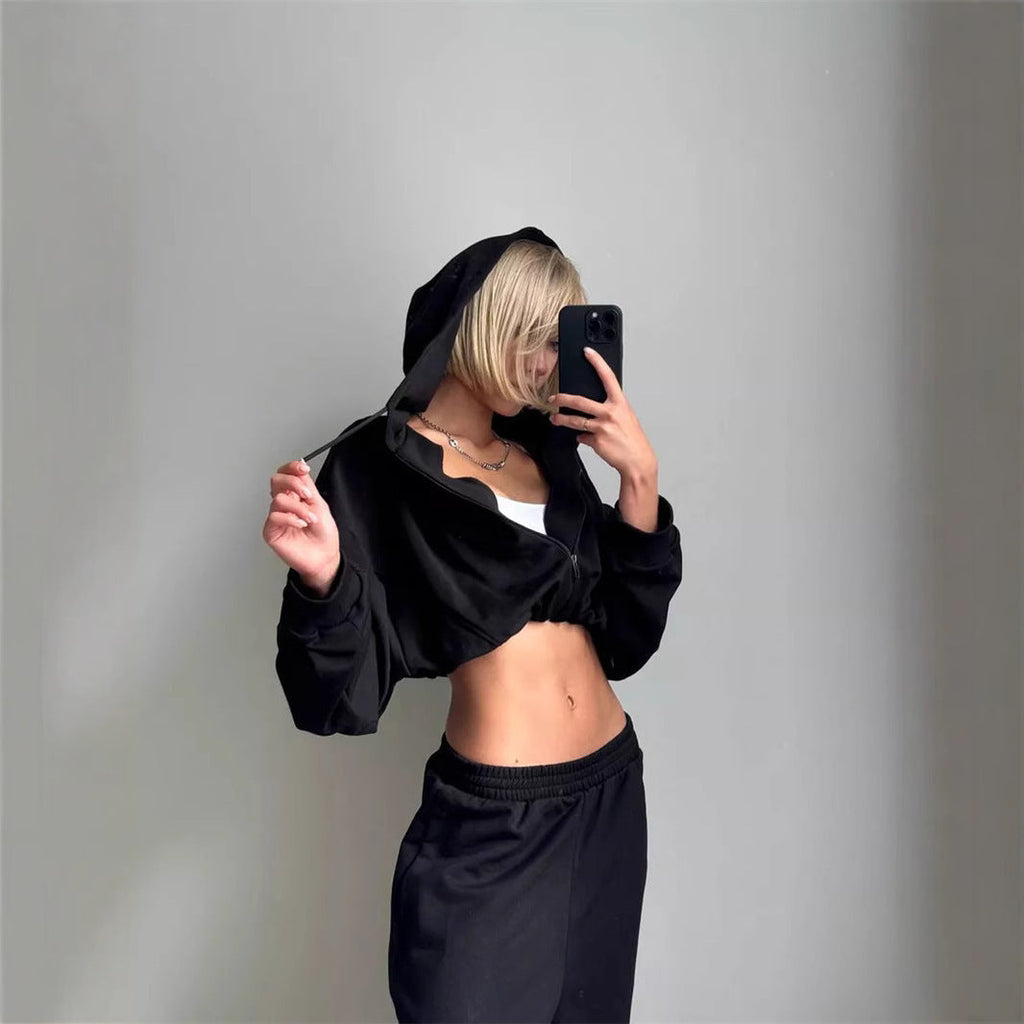 Damen nan kurz geschnittenes Zip-Hoodie und Highwaist Sweathose Lounge-Set mit Kapuze