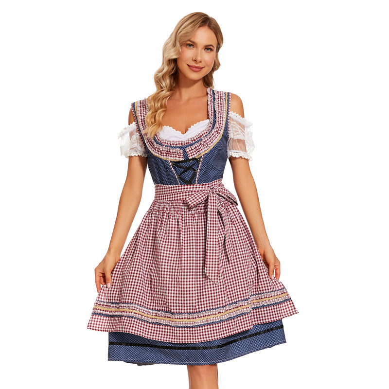 Damen nan traditionelles Dirndlkleid mit kariertem Schürzenrock, Schnürung und Spitzenärmeln