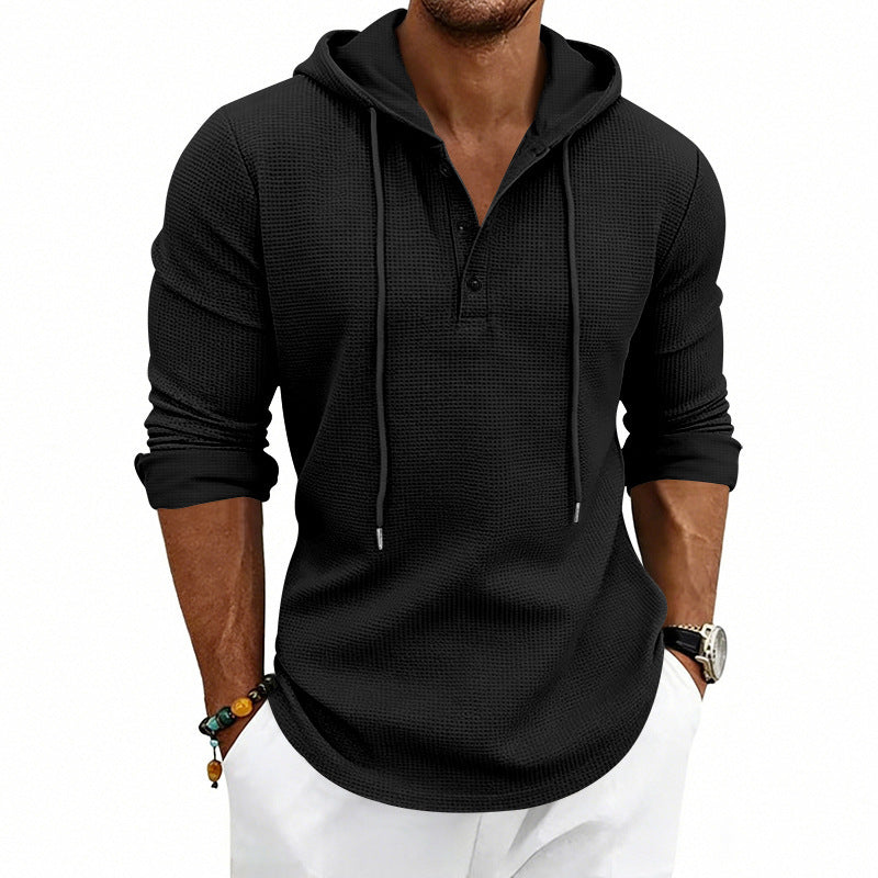 Herren nan lässiges Waffelstrick-Henley Kapuzenpullover mit Knopfleiste
