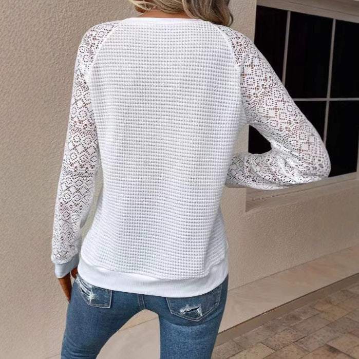 Damen nan Pullover mit Waffelstruktur, Raglanform und transparenter Spitzenärmel
